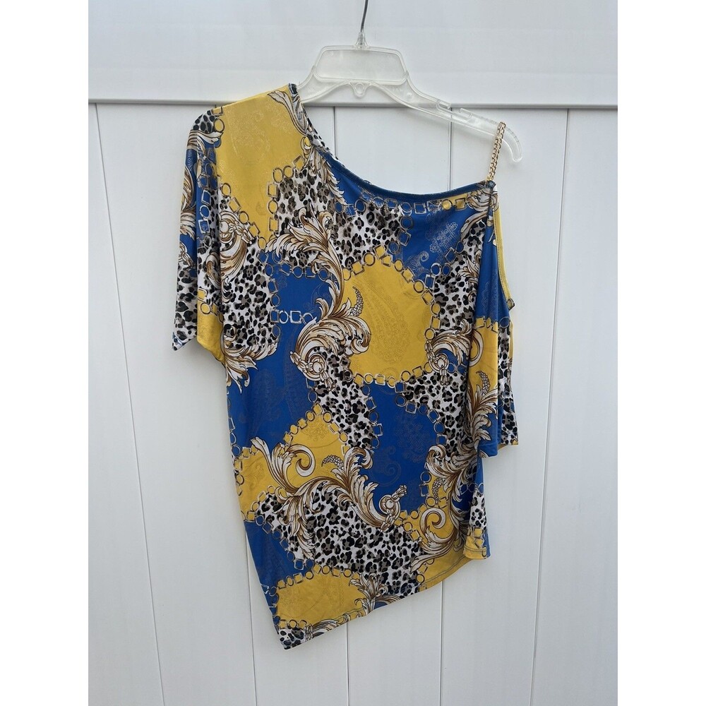Real Appeal Womens Sz M One Cold Shoulder Printed Top Colorful Dolman Sleeve